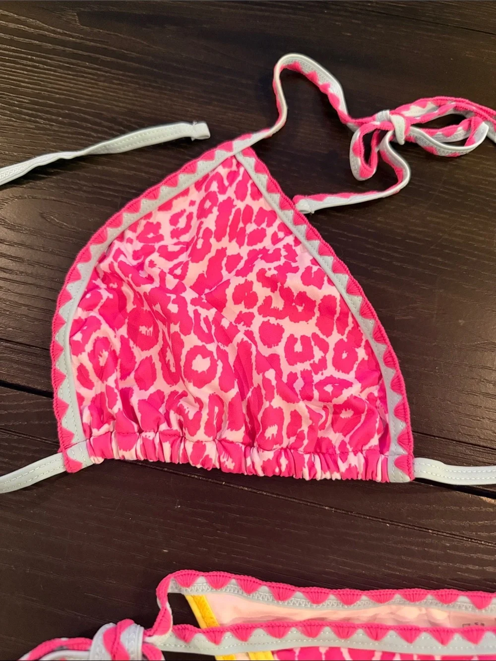 SHEIN Pink Leopard Print Tie-Side Bikini with Yellow Trim and Blue Accents